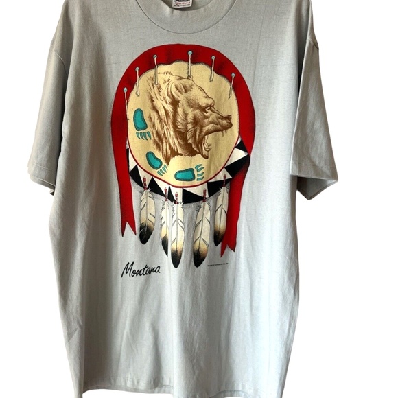 Vintage 1989 Native Tribal Design Montana Bear Feathers T Shirt XL - Picture 11 of 15